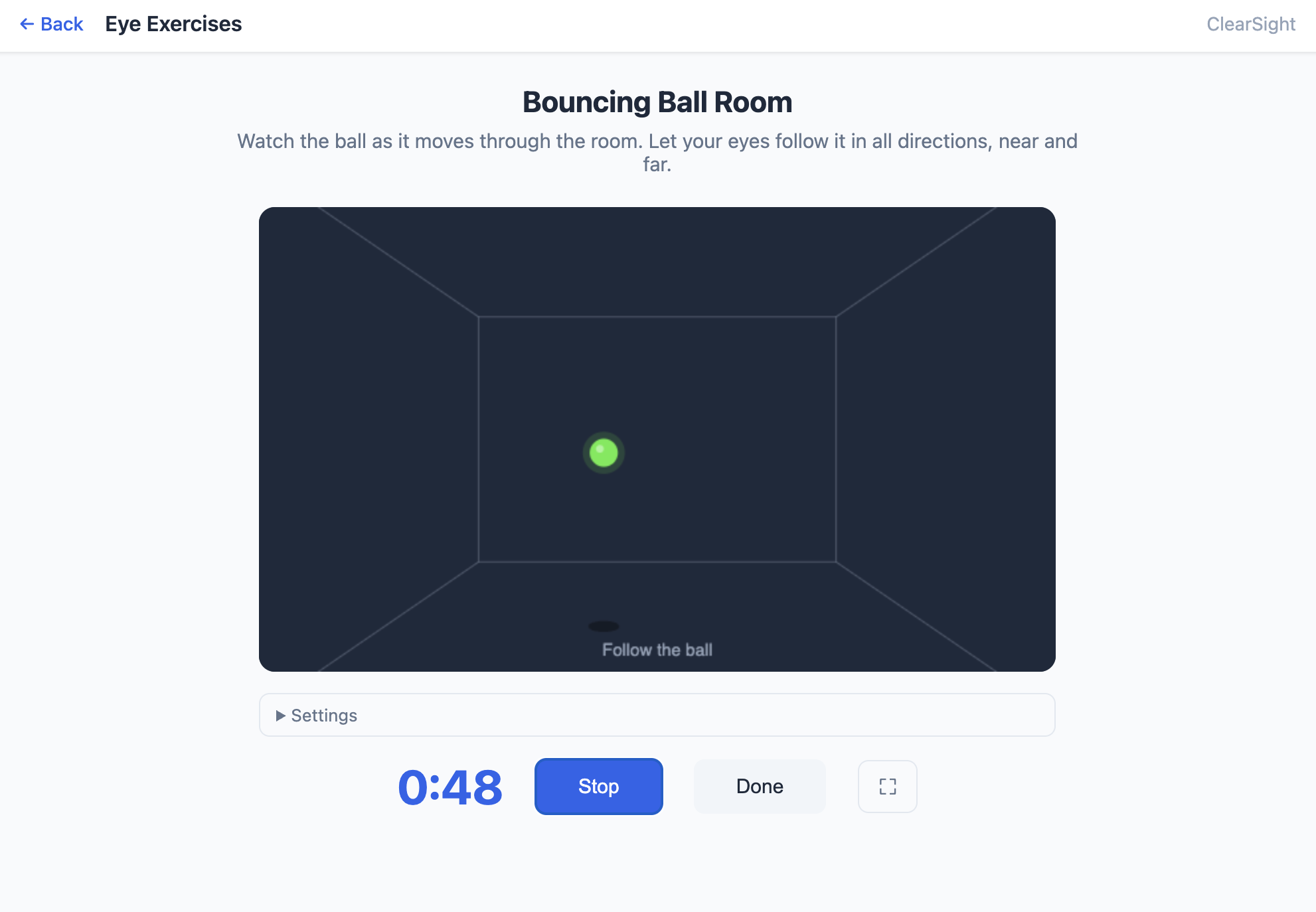 ClearSight bouncing ball room eye exercise: follow a ball moving through a 3D perspective room