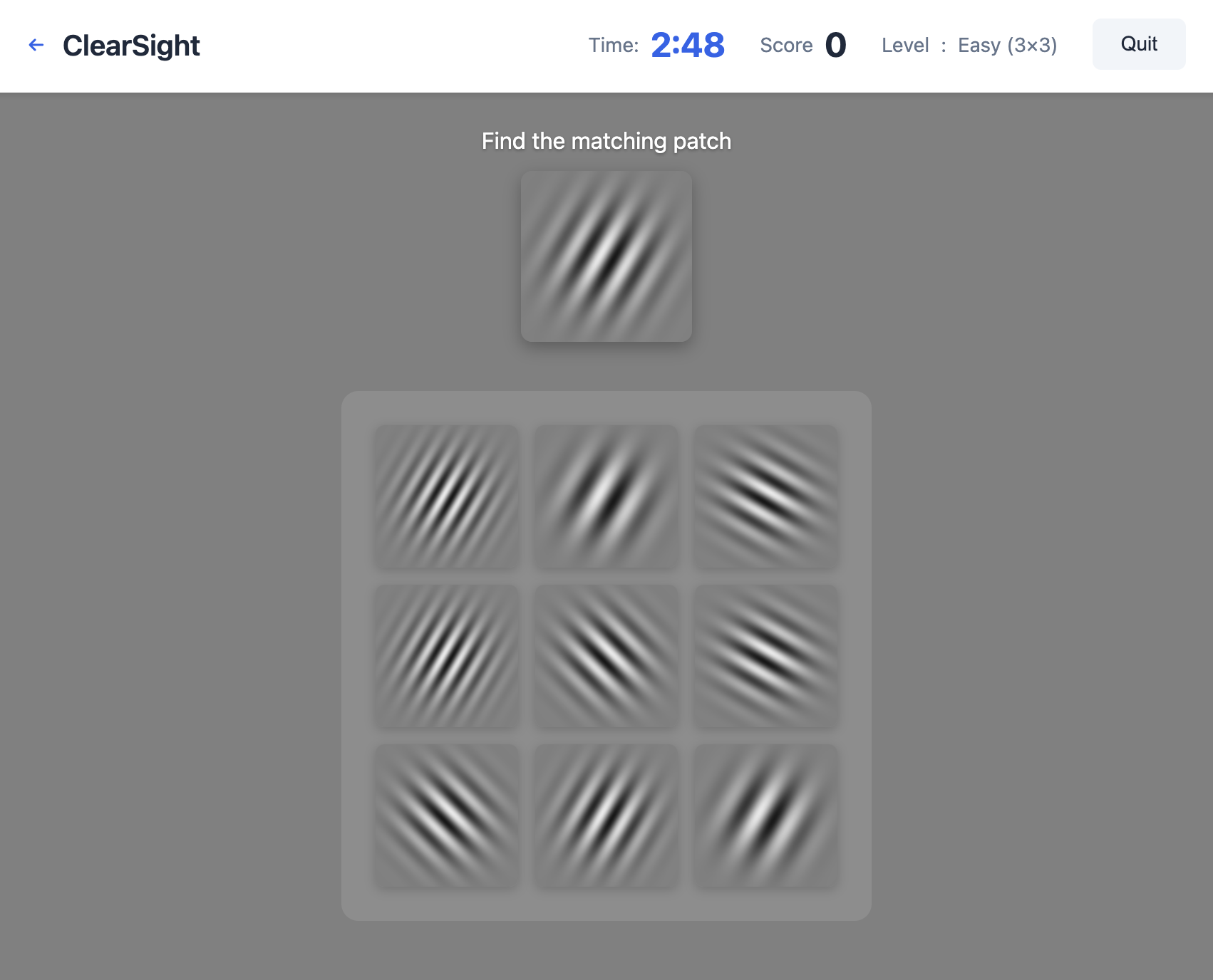 ClearSight Gabor patch training session: 3×3 grid of striped patches, find the matching orientation