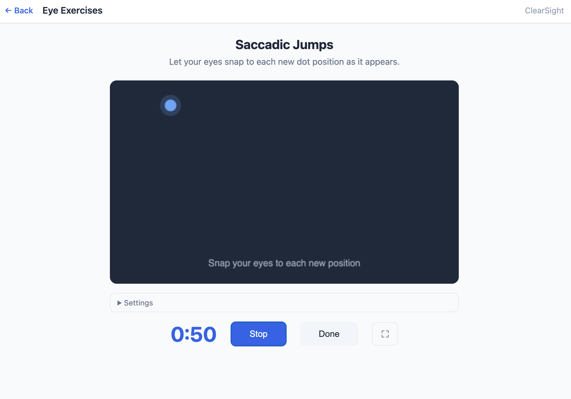 ClearSight saccadic jumps eye exercise: dot appears at random positions, snap eyes to each new position