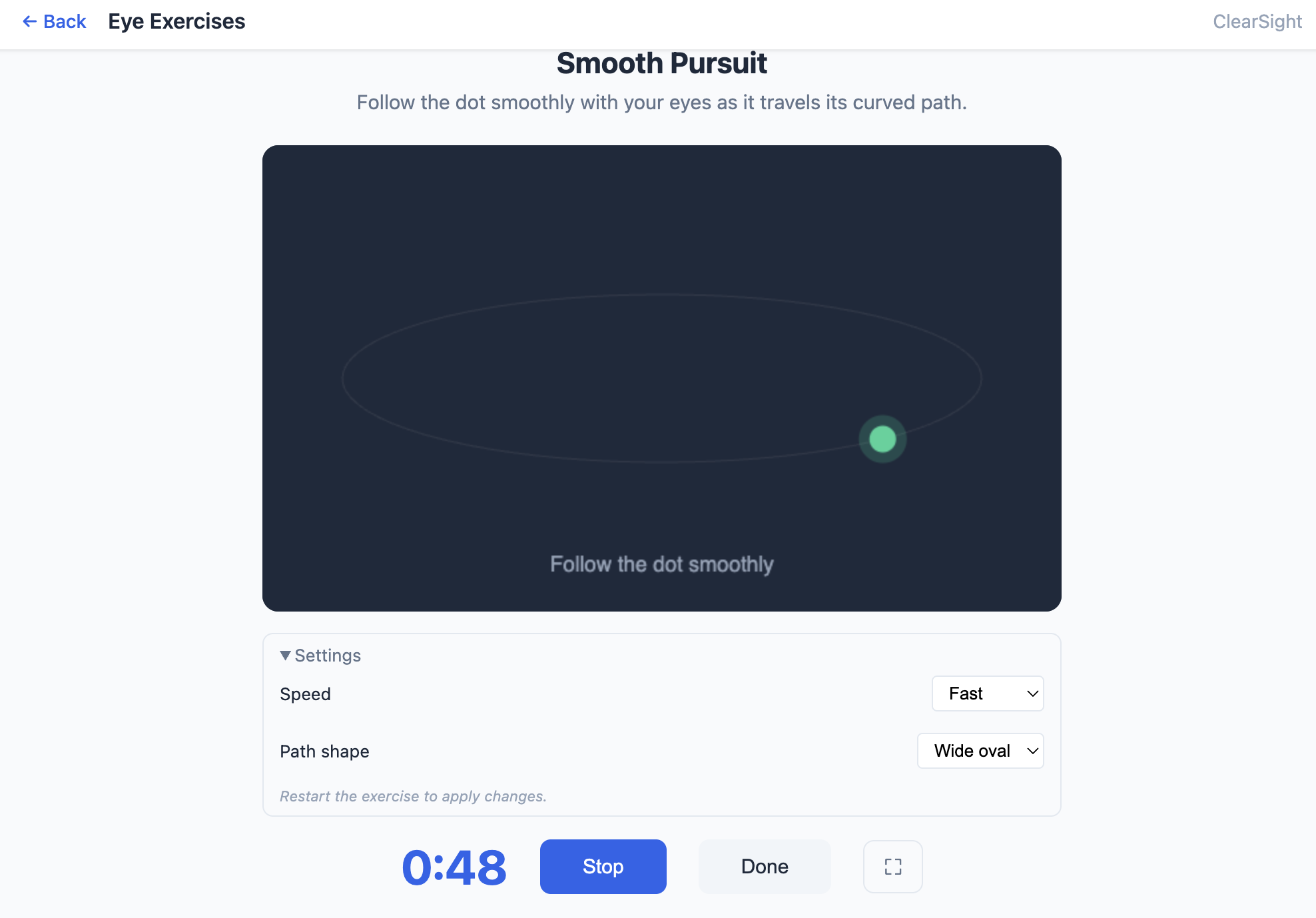 ClearSight smooth pursuit eye exercise: follow a dot moving along an oval path
